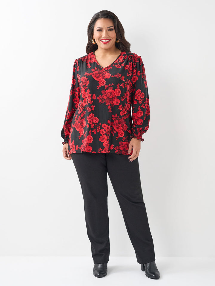 Shirred Cuff Stretch Top - Rose Garden