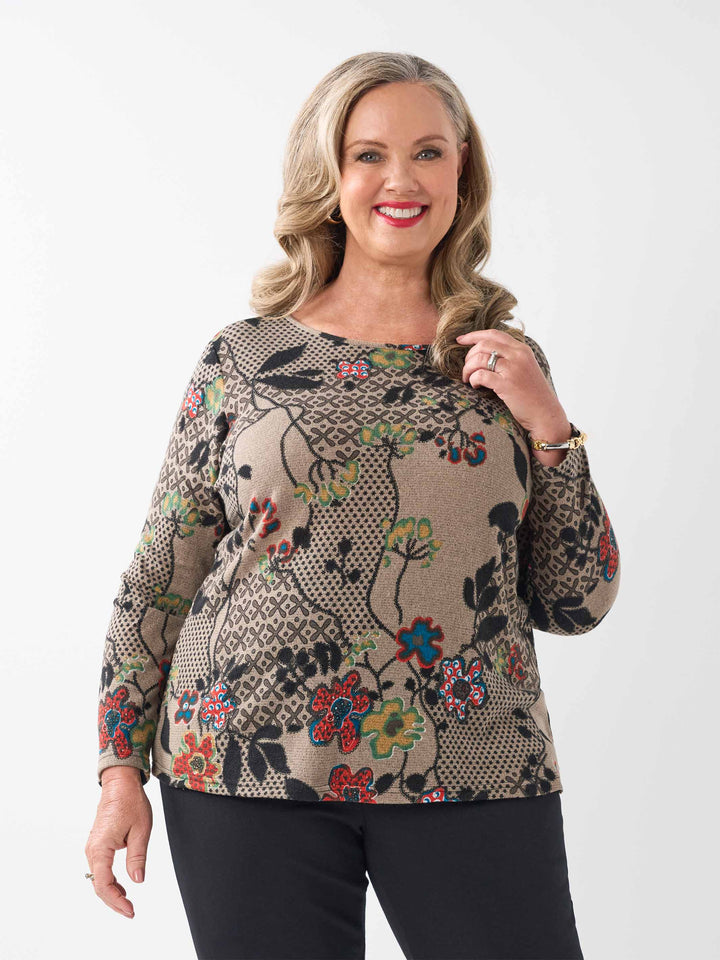 Printed Long Sleeve Basic Top - Abstract Orient
