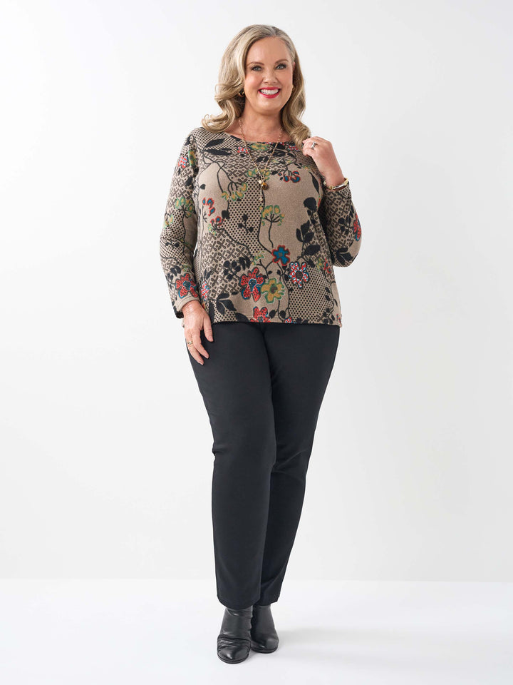 Printed Long Sleeve Basic Top - Abstract Orient