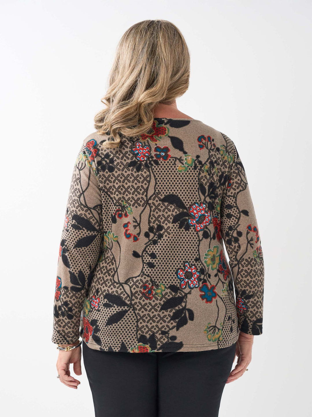 Printed Long Sleeve Basic Top - Abstract Orient