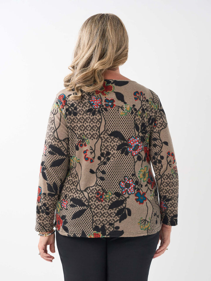 Printed Long Sleeve Basic Top - Abstract Orient