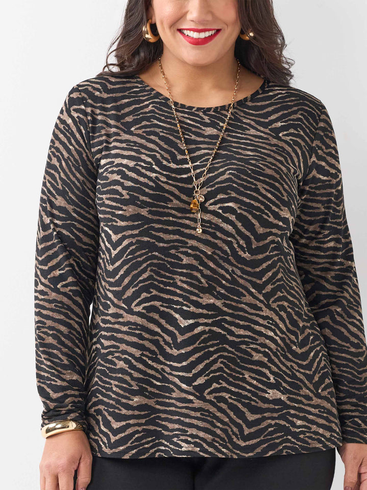 Printed Long Sleeve Basic Top - Wild Tiger