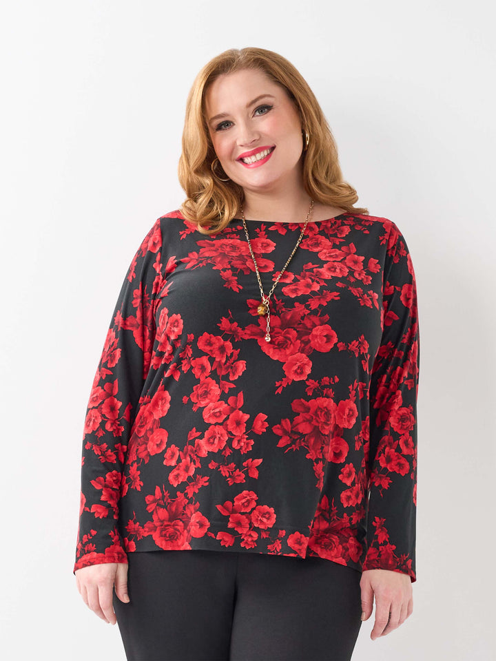 Printed Long Sleeve Basic Top - Rose Garden