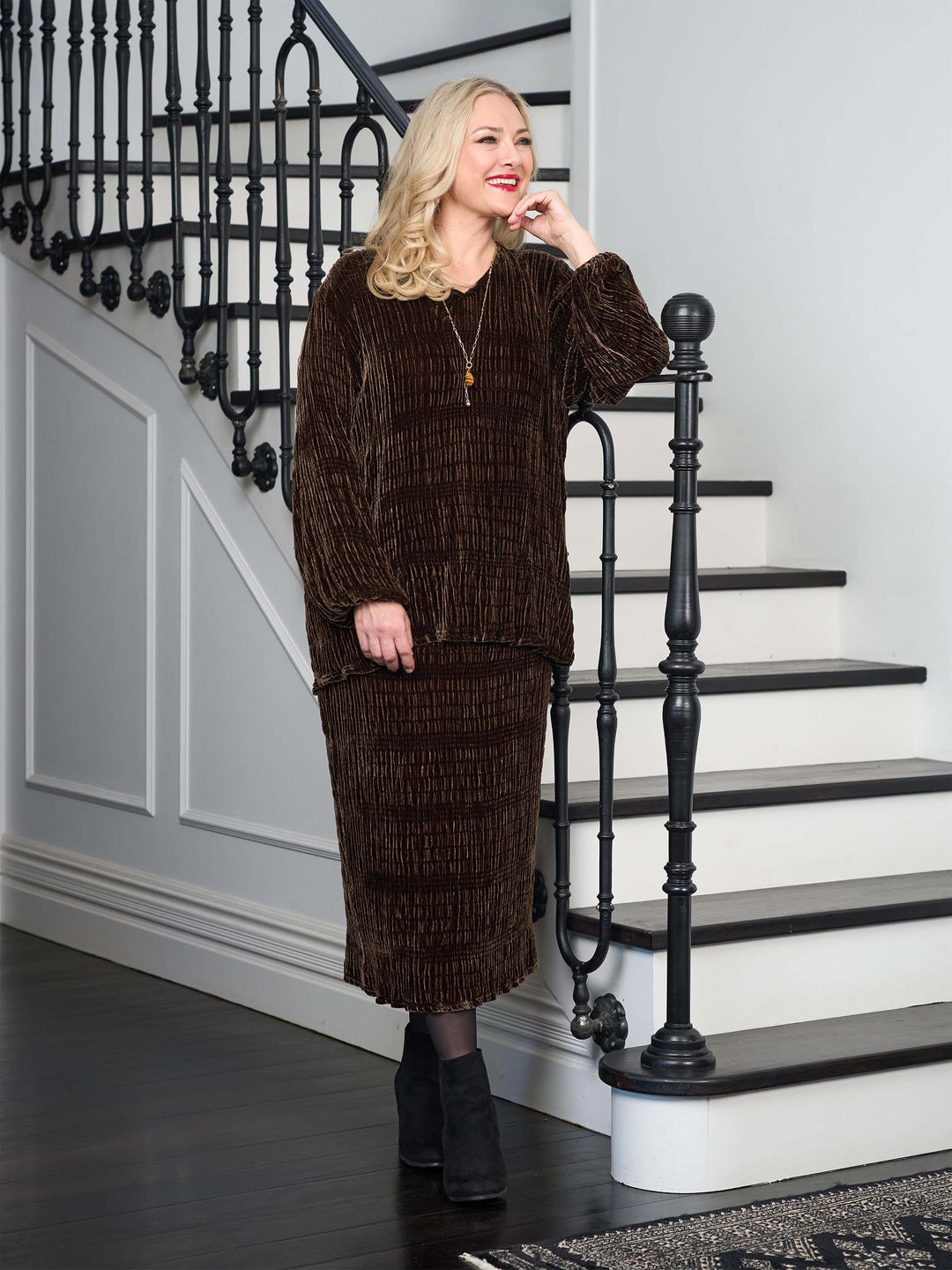 Ruched Velvet Evening Top - Coffee