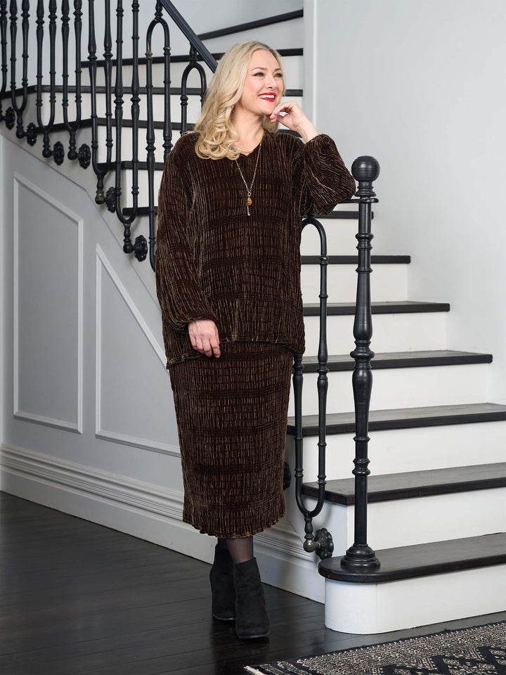 Ruched Velvet Evening Top - Coffee