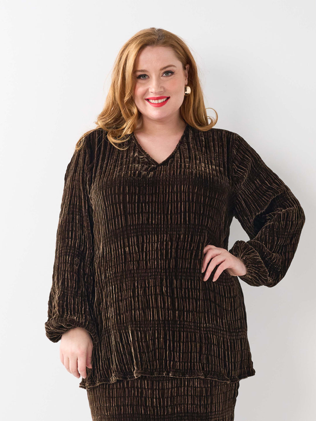 Ruched Velvet Evening Top - Coffee