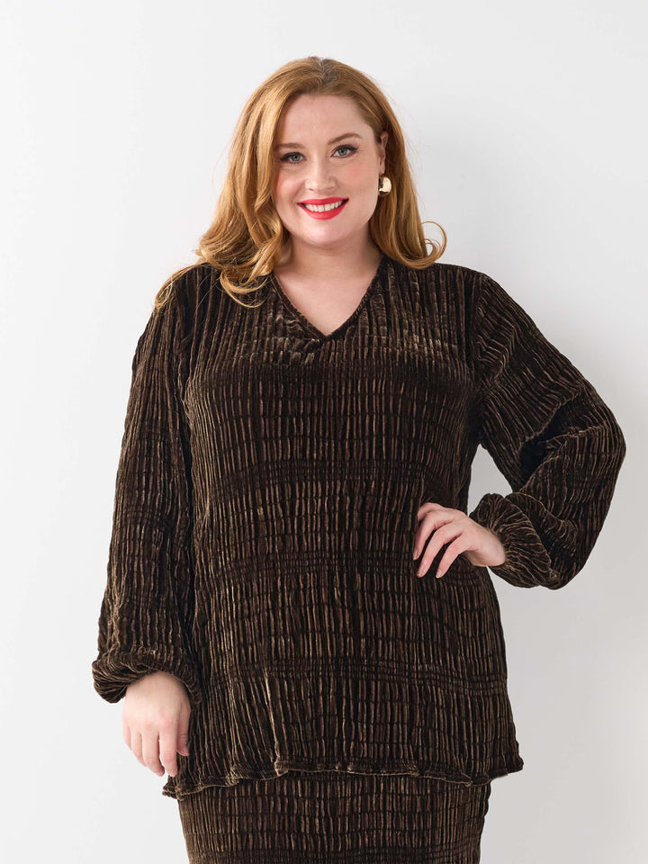 Ruched Velvet Evening Top - Coffee