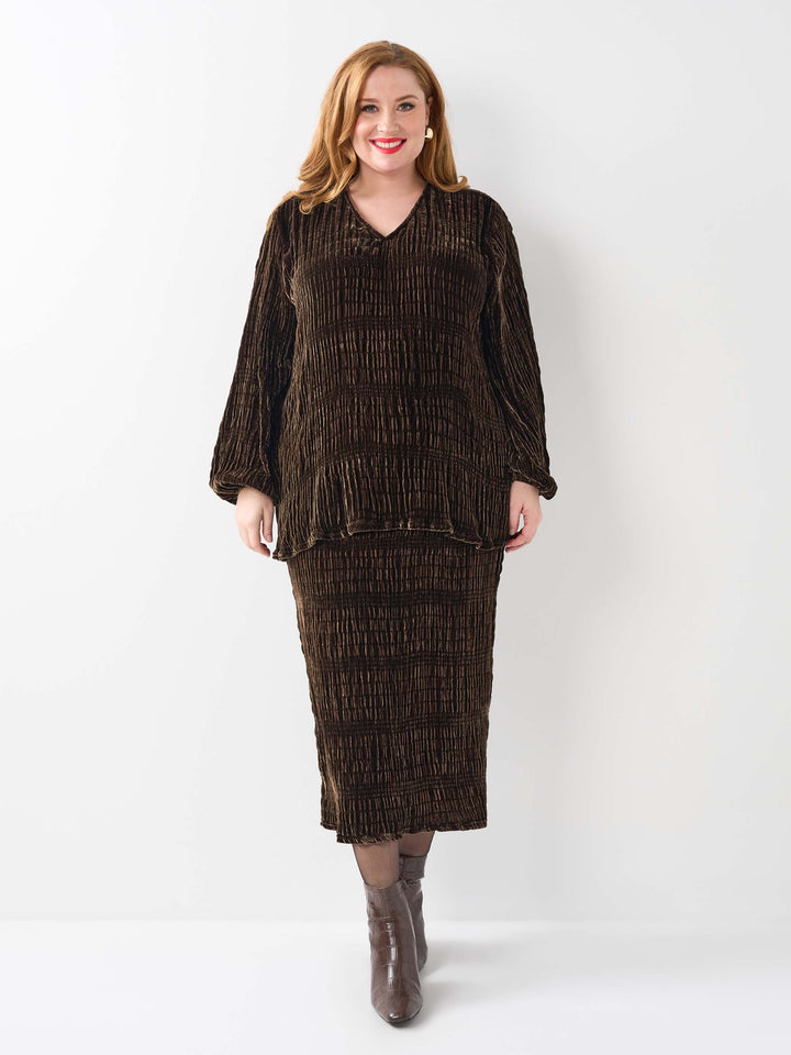 Ruched Velvet Evening Top - Coffee