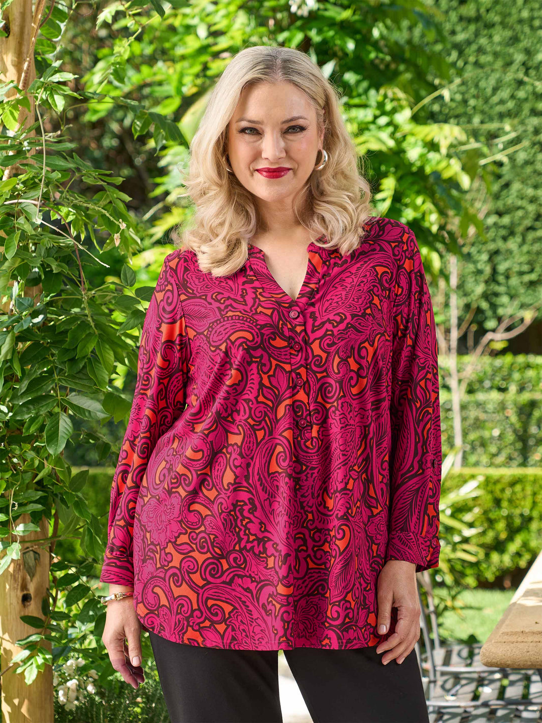 Placket Neck Printed Jersey Top  - Magenta Retro