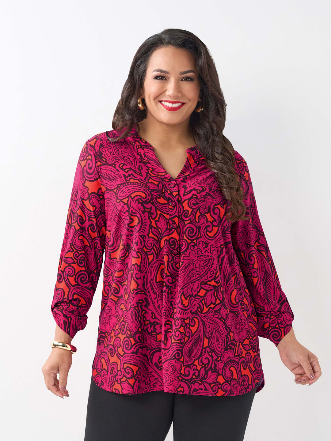 Placket Neck Printed Jersey Top  - Magenta Retro
