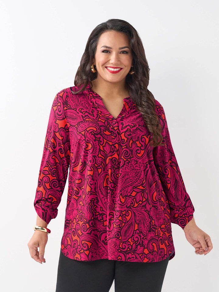 Placket Neck Printed Jersey Top  - Magenta Retro