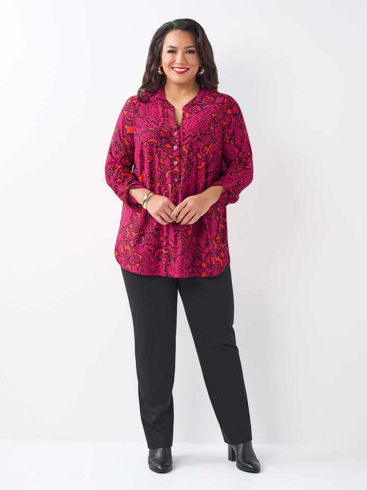 Placket Neck Printed Jersey Top  - Magenta Retro