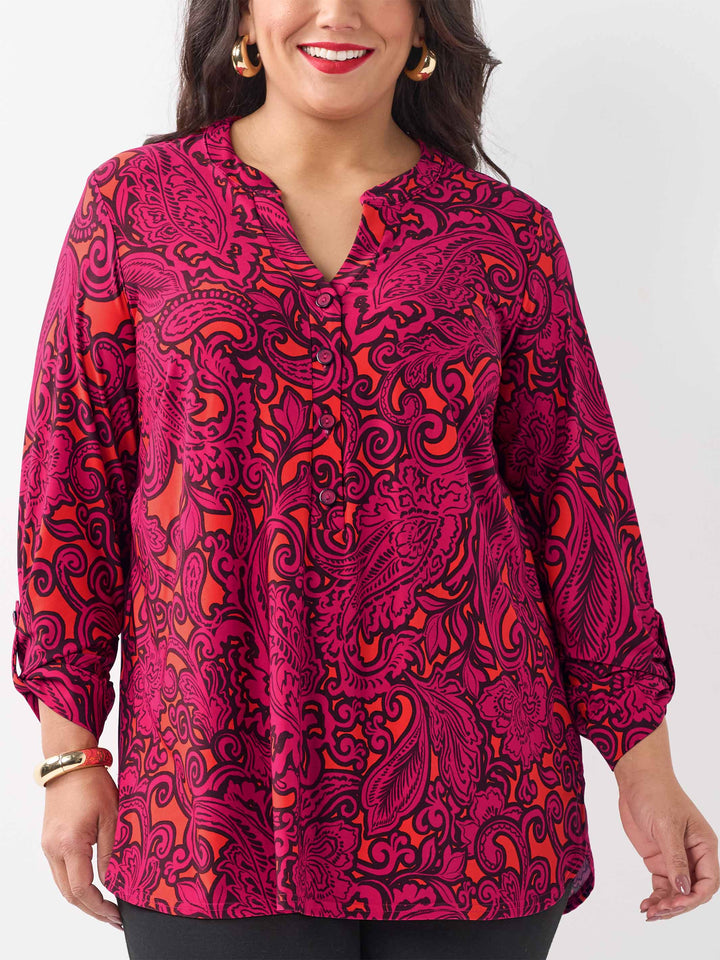 Placket Neck Printed Jersey Top  - Magenta Retro