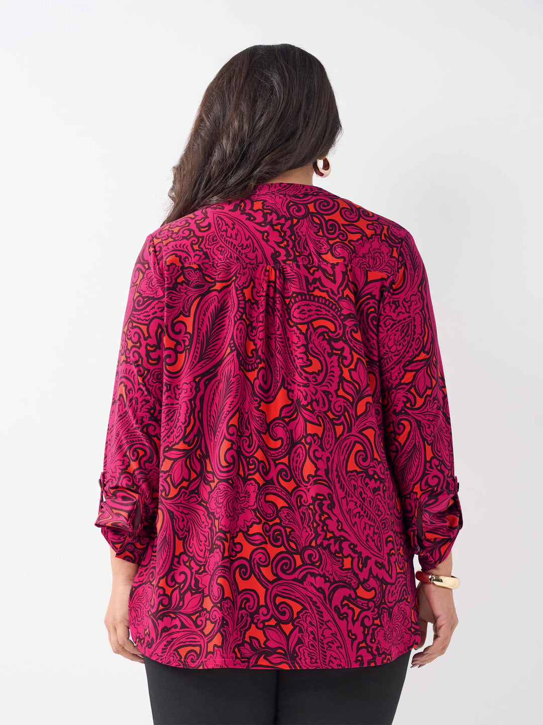 Placket Neck Printed Jersey Top  - Magenta Retro