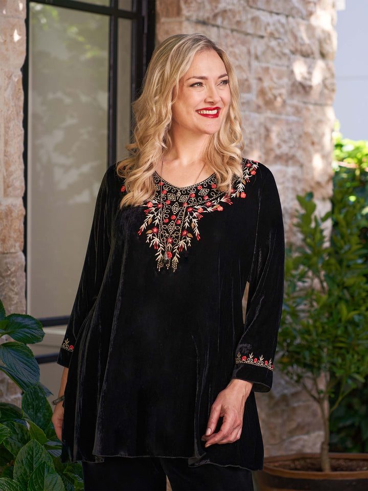 Silk Velvet Embroidered Top - Black
