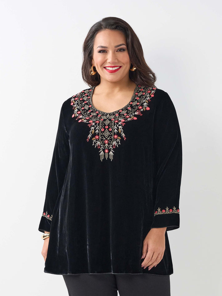 Silk Velvet Embroidered Top - Black