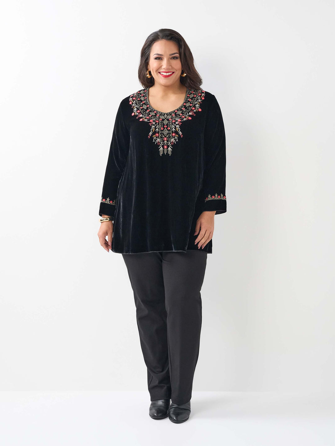 Silk Velvet Embroidered Top - Black