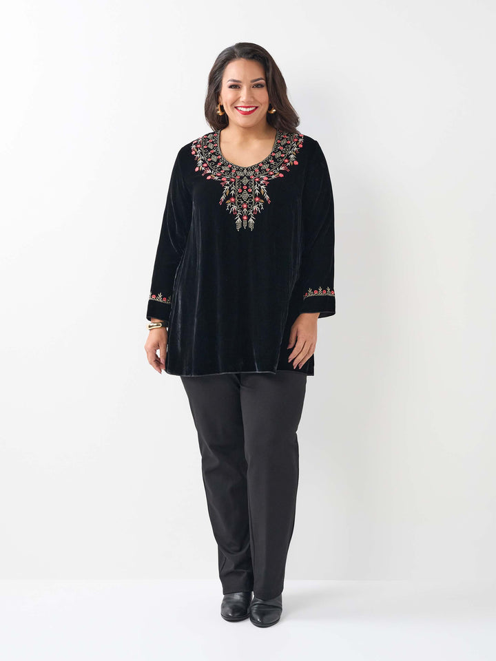 Silk Velvet Embroidered Top - Black