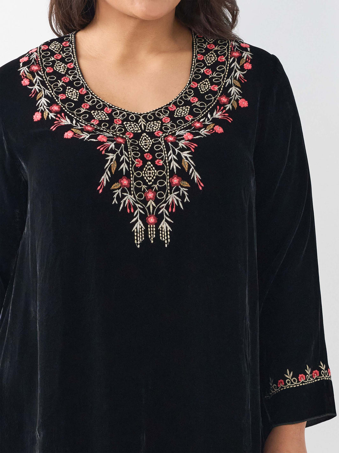Silk Velvet Embroidered Top - Black