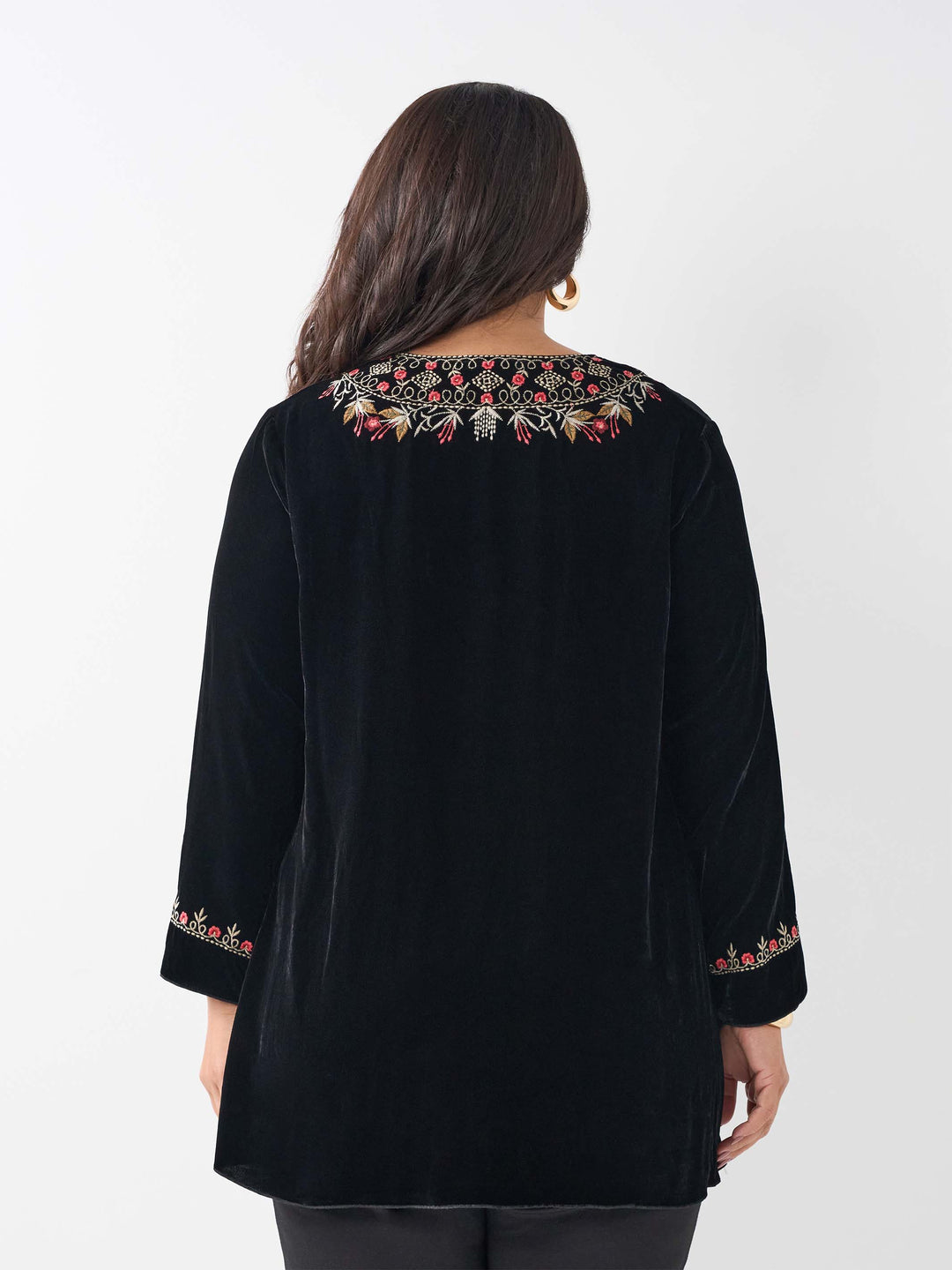 Silk Velvet Embroidered Top - Black