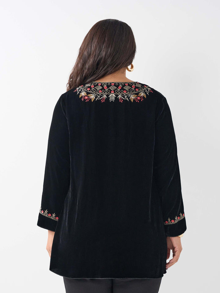 Silk Velvet Embroidered Top - Black