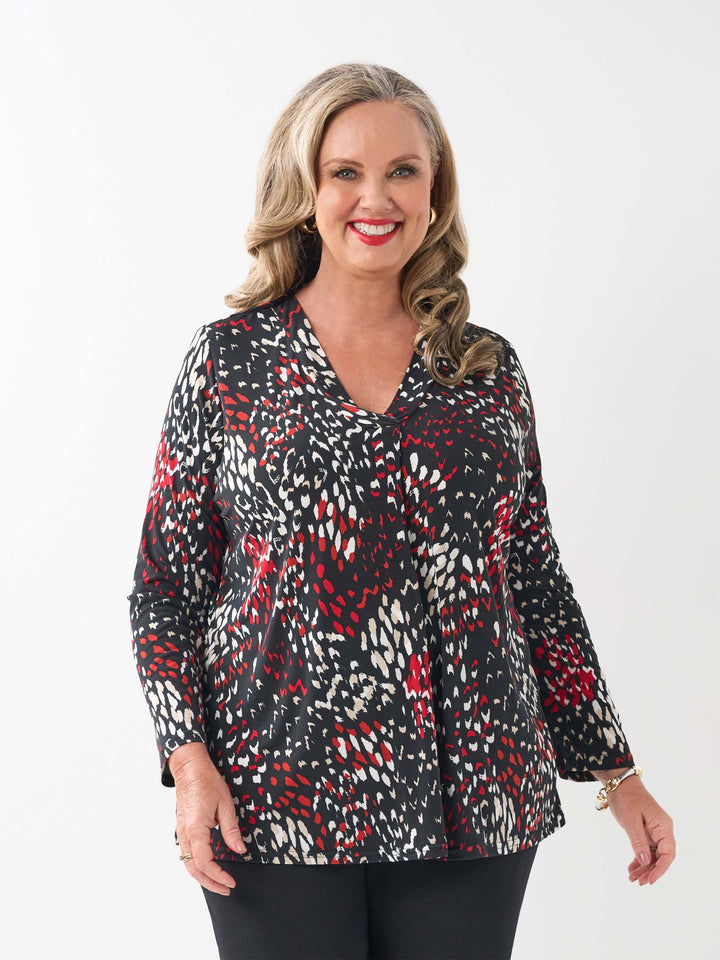 Printed V-Neck Band Top - Red Zesty
