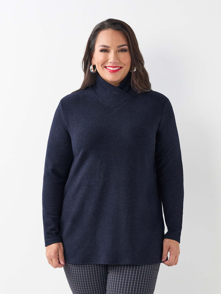Warm Rib Cross Neck Knit Top - Navy