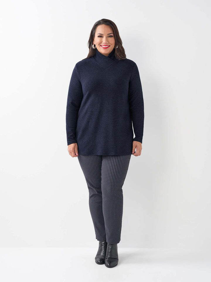 Warm Rib Cross Neck Knit Top - Navy