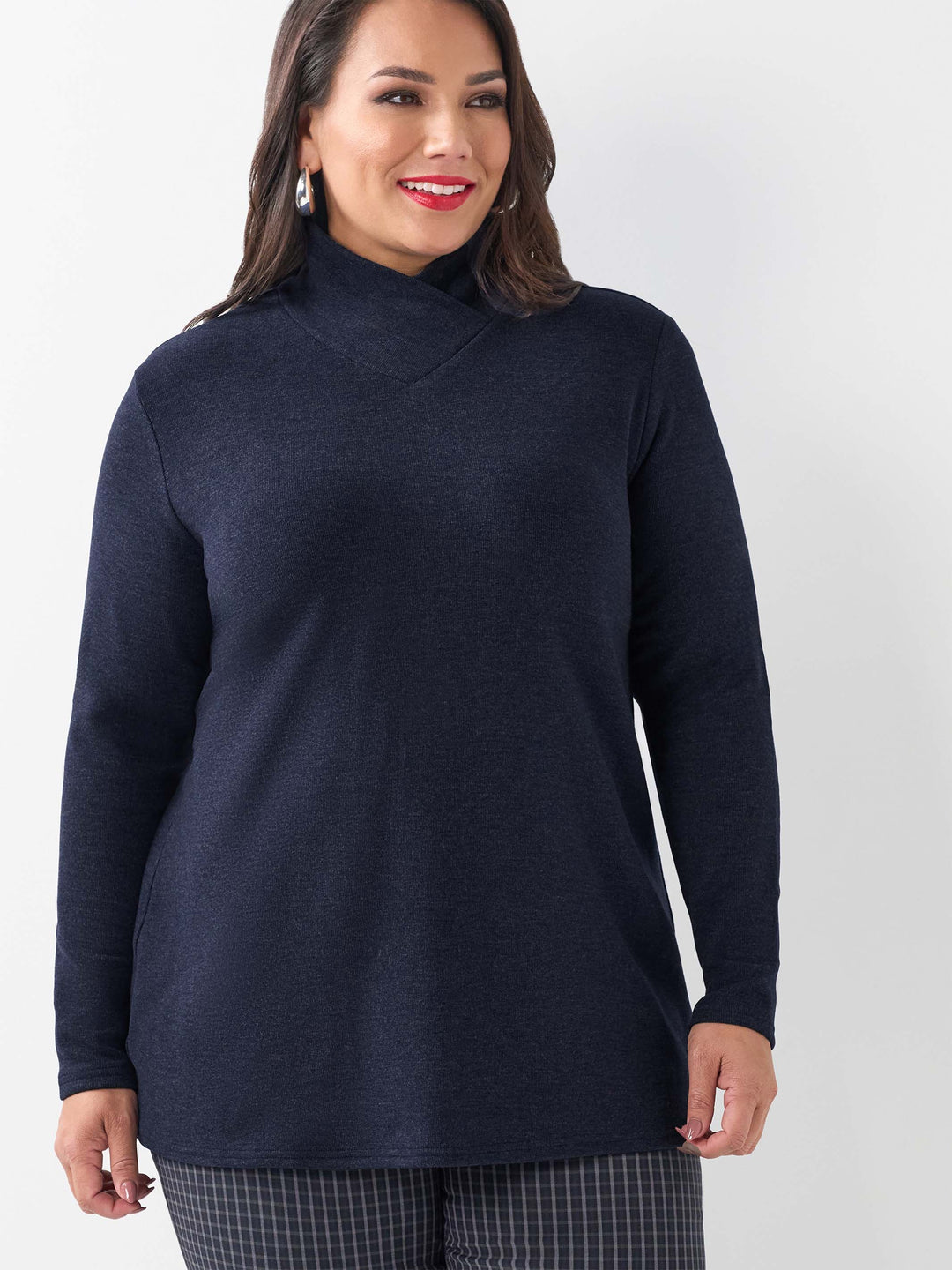 Warm Rib Cross Neck Knit Top - Navy