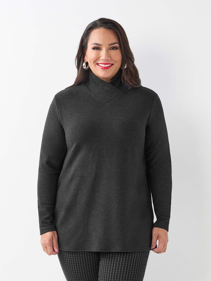 Warm Rib Cross Neck Knit Top - Black