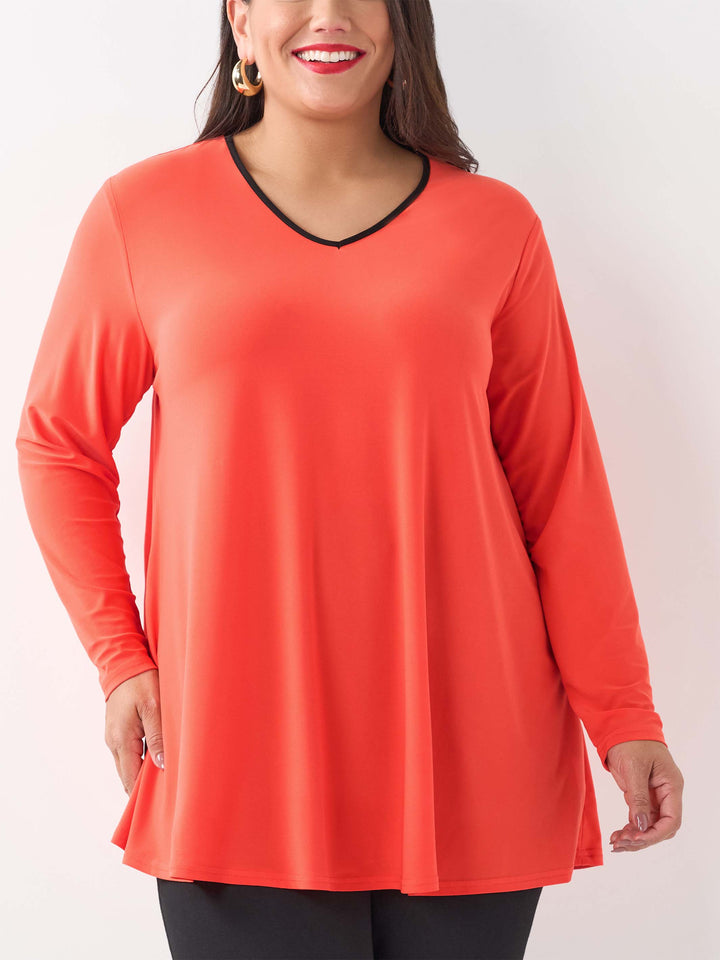 V-Neck Contrast Trim Jersey Top - Orange/Black