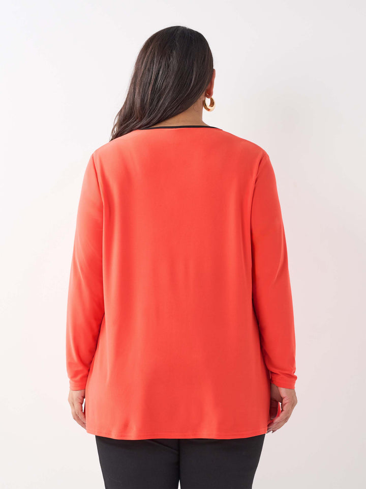 V-Neck Contrast Trim Jersey Top - Orange/Black