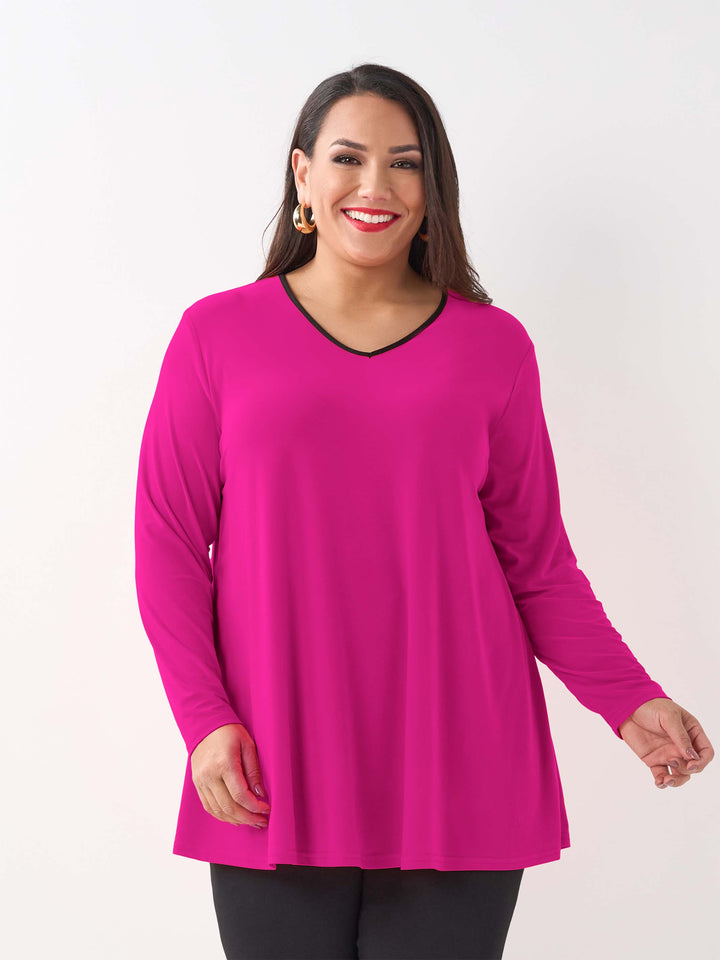 V-Neck Contrast Trim Jersey Top - Hot Pink/Black