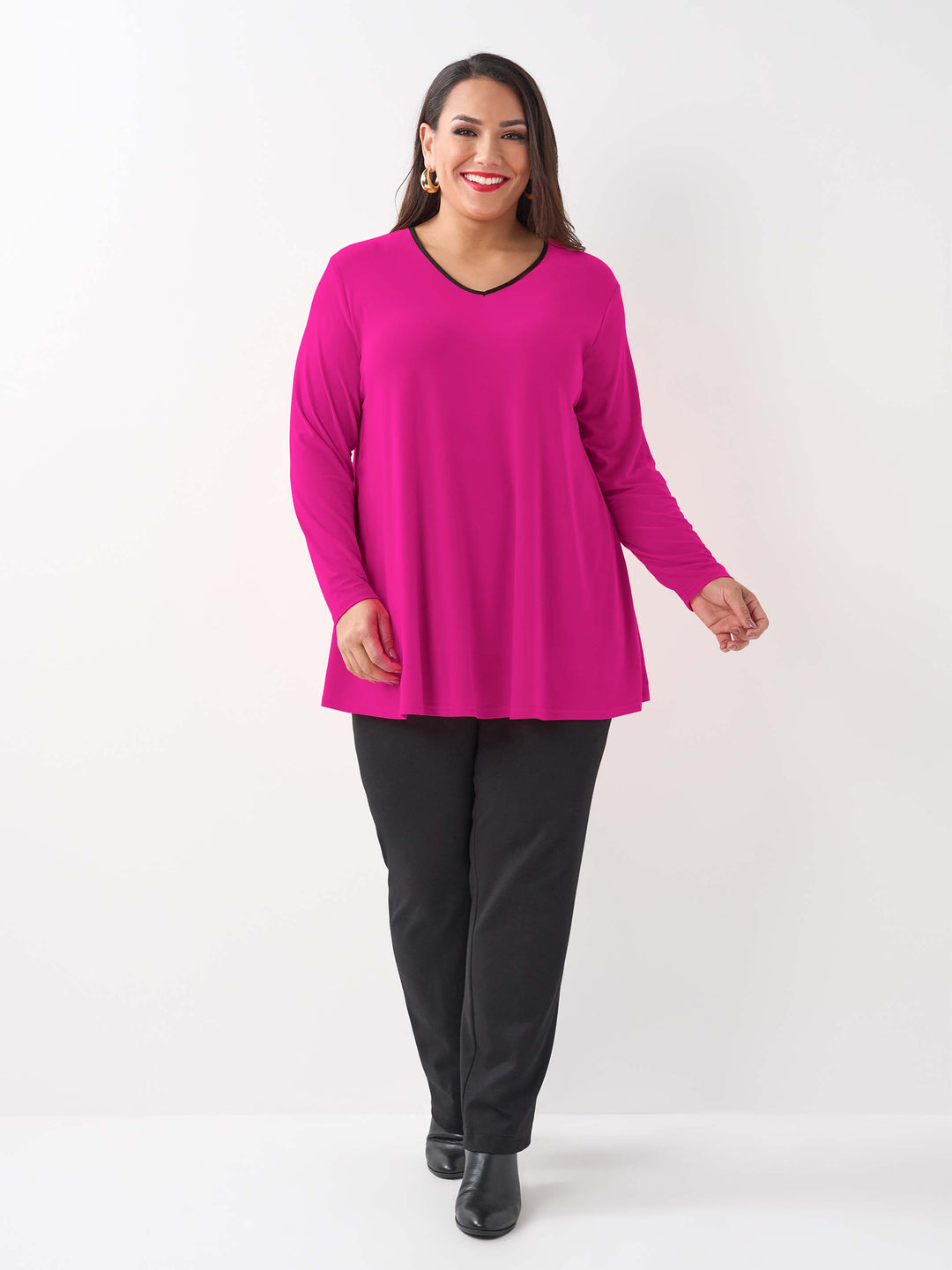 V-Neck Contrast Trim Jersey Top - Hot Pink/Black