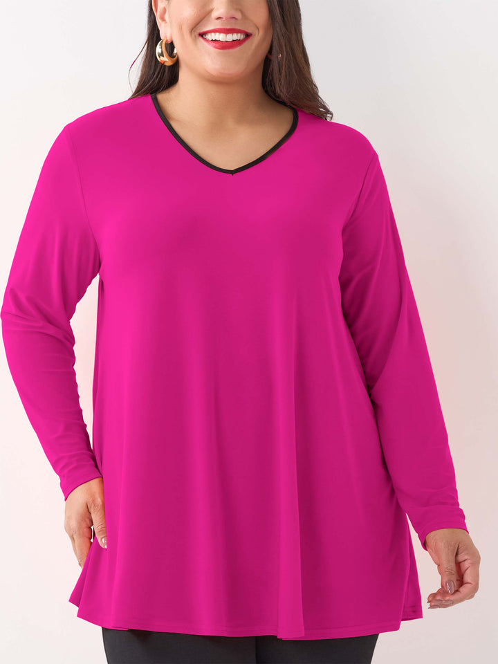V-Neck Contrast Trim Jersey Top - Hot Pink/Black