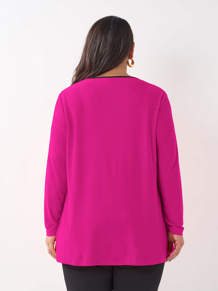 V-Neck Contrast Trim Jersey Top - Hot Pink/Black