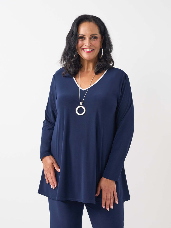 V-Neck Contrast Trim Jersey Top - Navy/White