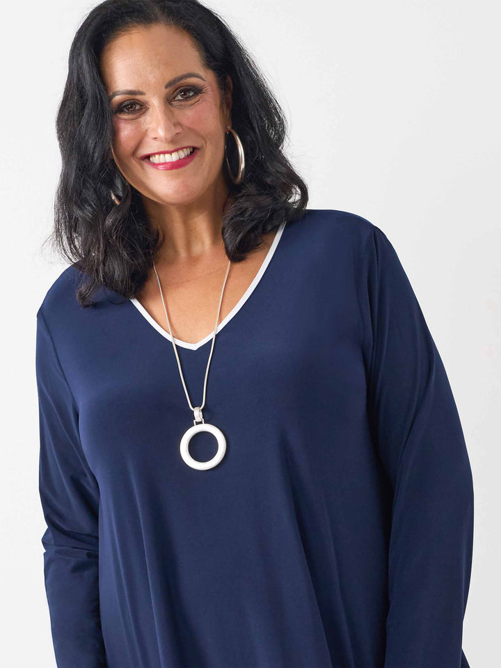 V-Neck Contrast Trim Jersey Top - Navy/White