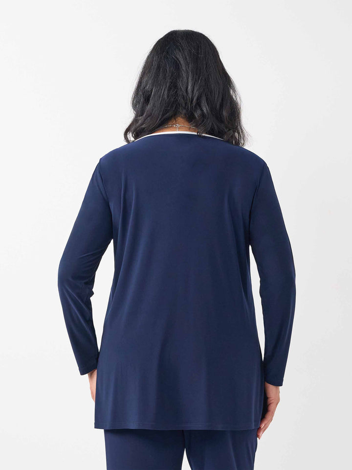 V-Neck Contrast Trim Jersey Top - Navy/White