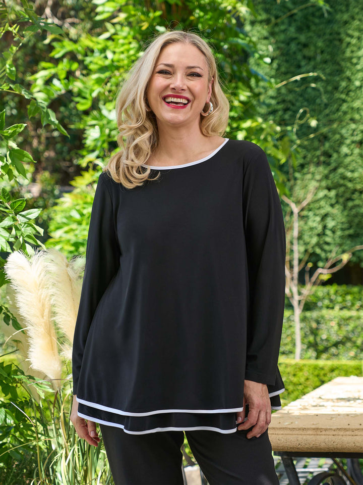Long Sleeve Contrast Trim Top - Black/White