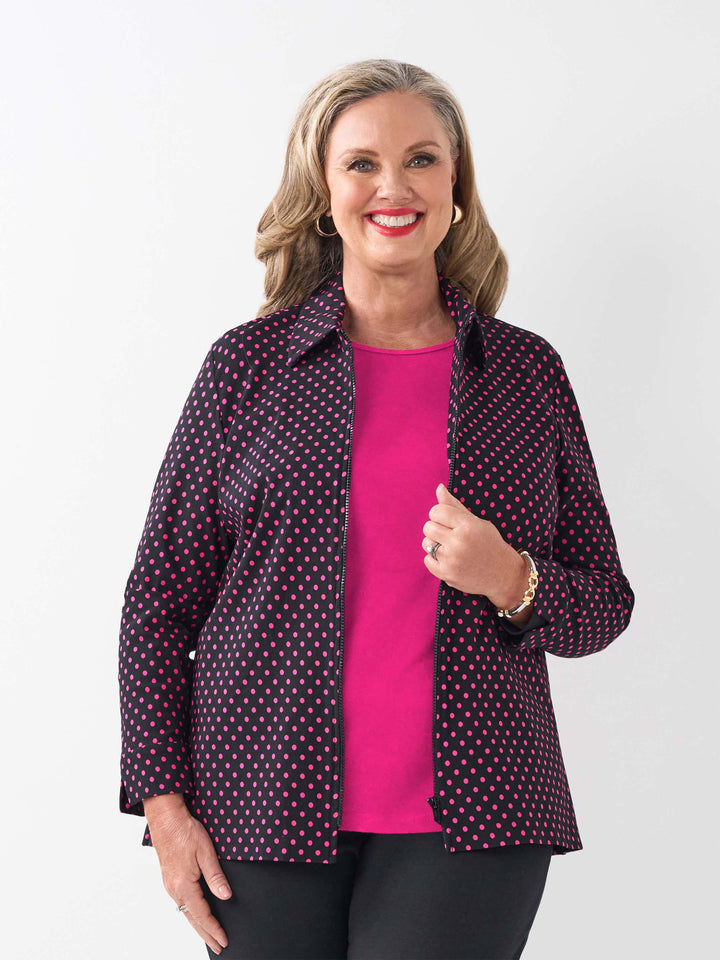 Collared Zip Front Jacket - Pink Polka Dot