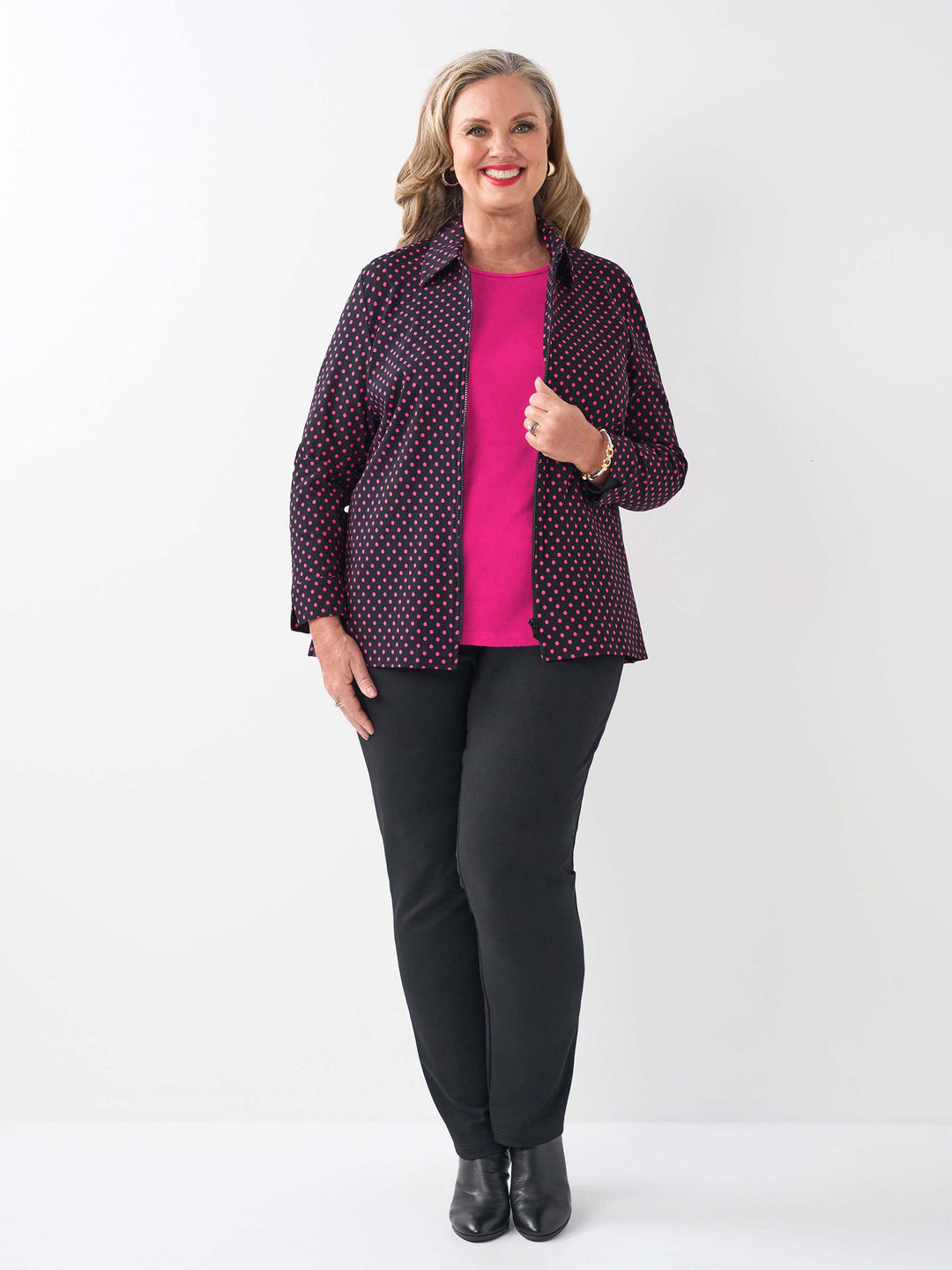 Collared Zip Front Jacket - Pink Polka Dot