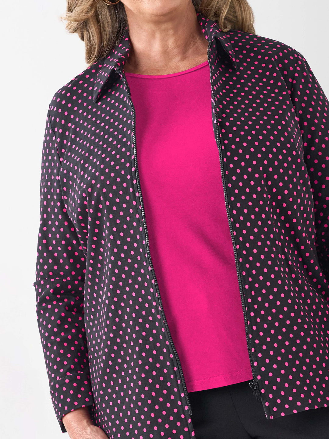 Collared Zip Front Jacket - Pink Polka Dot