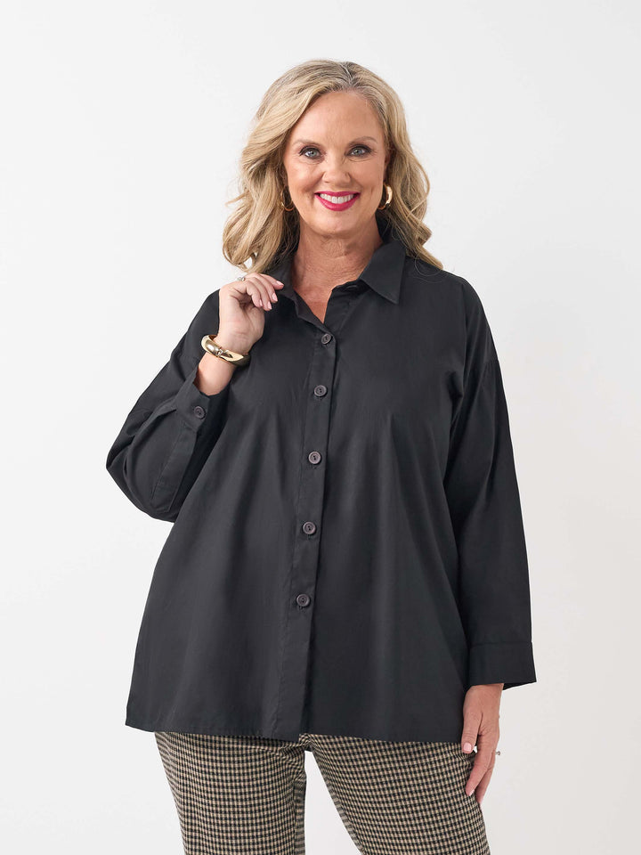 Collared Plain Cotton Shirt - Black