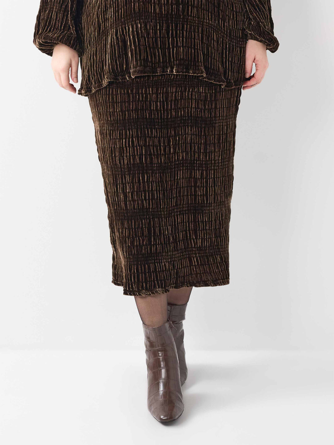 Ruched Velvet Skirt - Coffee