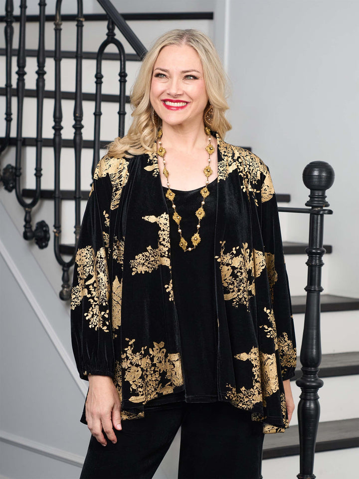 Waterfall Front Velvet Evening Jacket - Gold Leaf