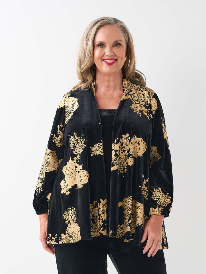 Waterfall Front Velvet Evening Jacket - Gold Leaf