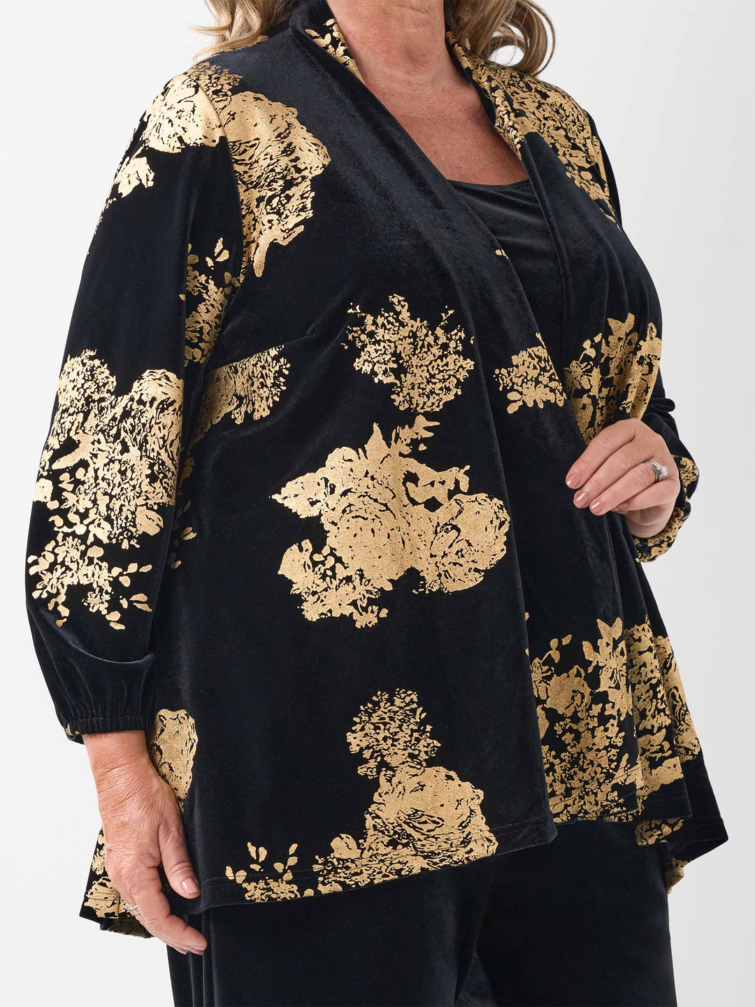 Waterfall Front Velvet Evening Jacket - Gold Leaf