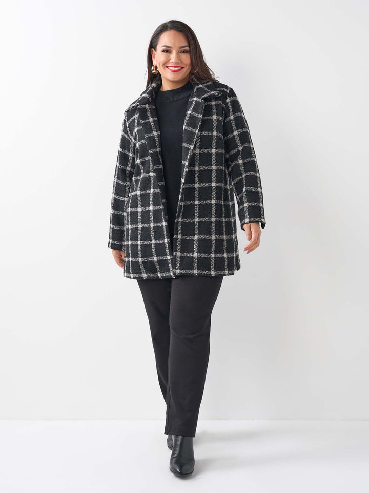 Square Check Wool Coat - Black Check