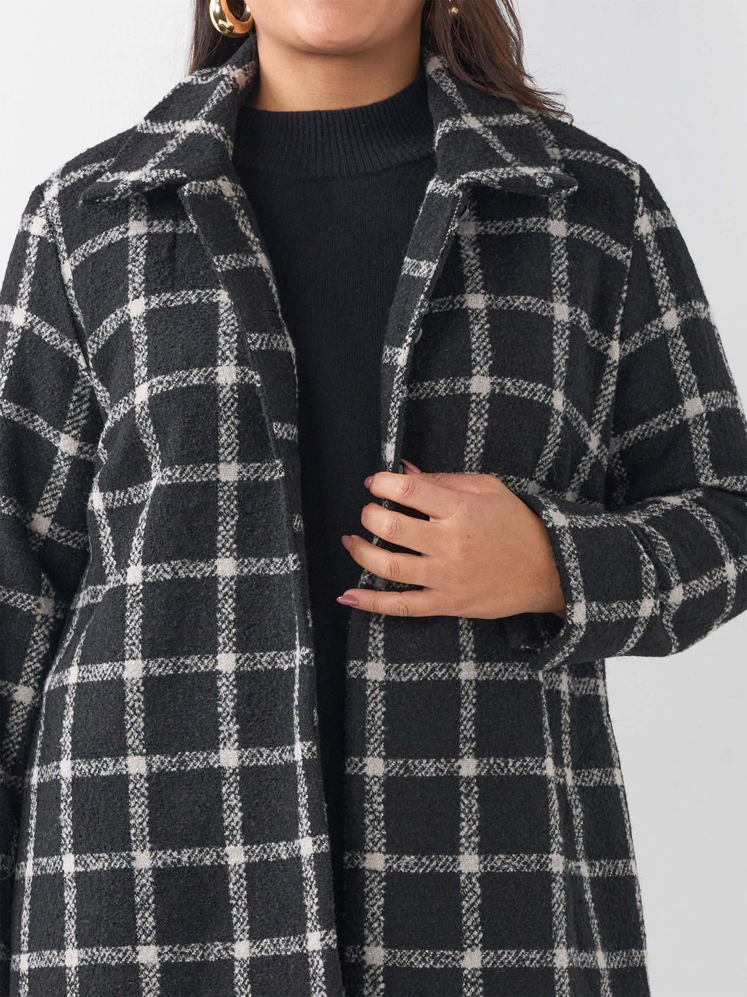 Square Check Wool Coat - Black Check
